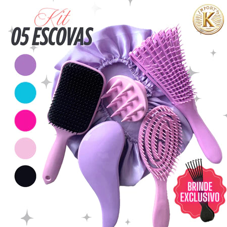Kit 5 Escovas de Cabelo + Touca de Cetim